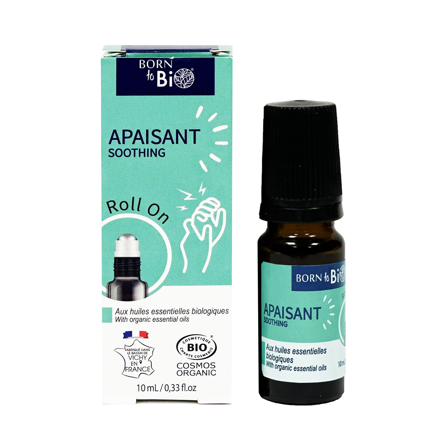 ARORO0004 - roll-on Born to Bio Apaisant avec sa boîte turquoise - flacon 10 ml - soin bio calmant aux huiles essentielles - certifié COSMOS Organic - fabrication française