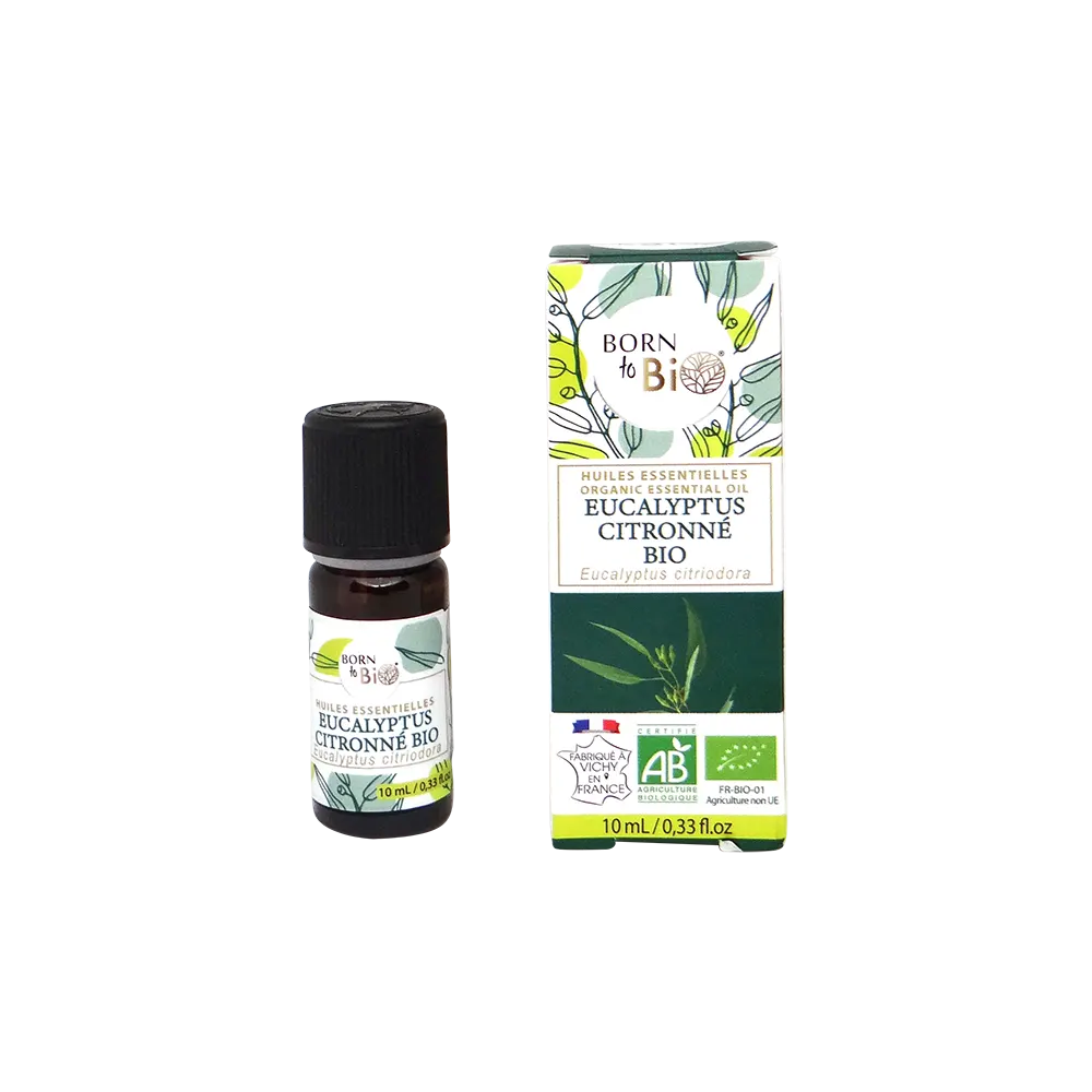 Flacon d'huile essentielle d'eucalyptus citronné 100% bio de Born To Bio, mettant en avant son origine naturelle et ses vertus aromatiques revitalisantes.