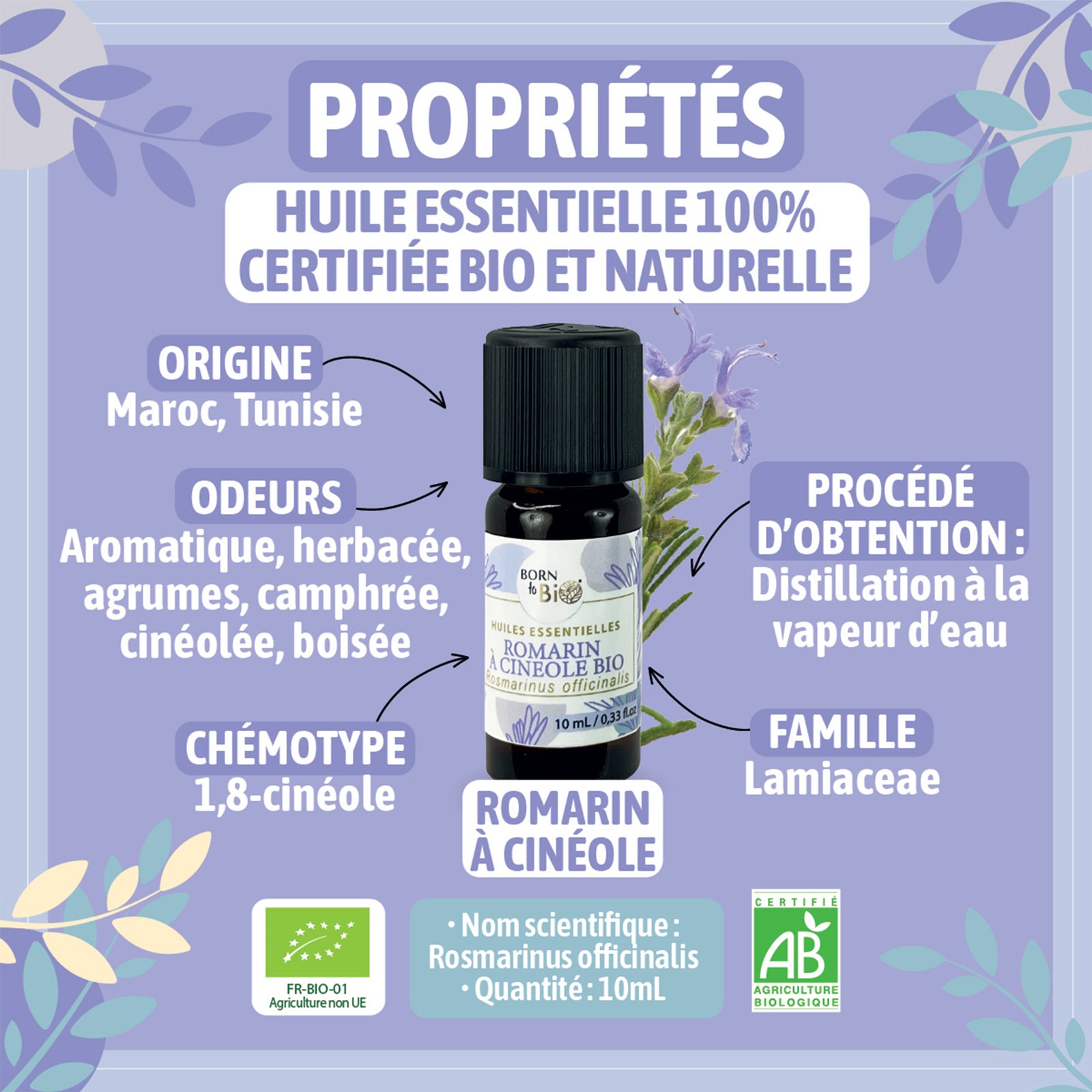 Huile essentielle de Romarin à cinéole bio, à l’arôme frais et camphré, obtenue par distillation à la vapeur des sommités fleuries. 