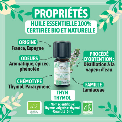 Huile essentielle de Thym à thymol bio, à l’arôme puissant et herbacé, obtenue par distillation des parties aériennes fleuries. 