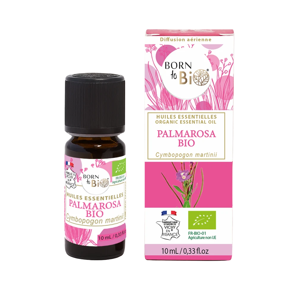 Huile essentielle de Palmarosa bio, au parfum floral et doux, obtenue par distillation à la vapeur des parties aériennes. 