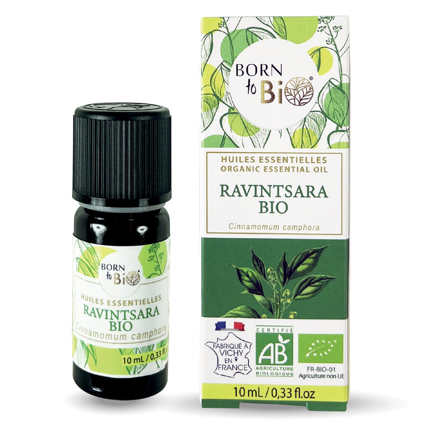 Huile essentielle de Ravintsara bio, au parfum frais et camphré, obtenue par distillation à la vapeur des feuilles. 