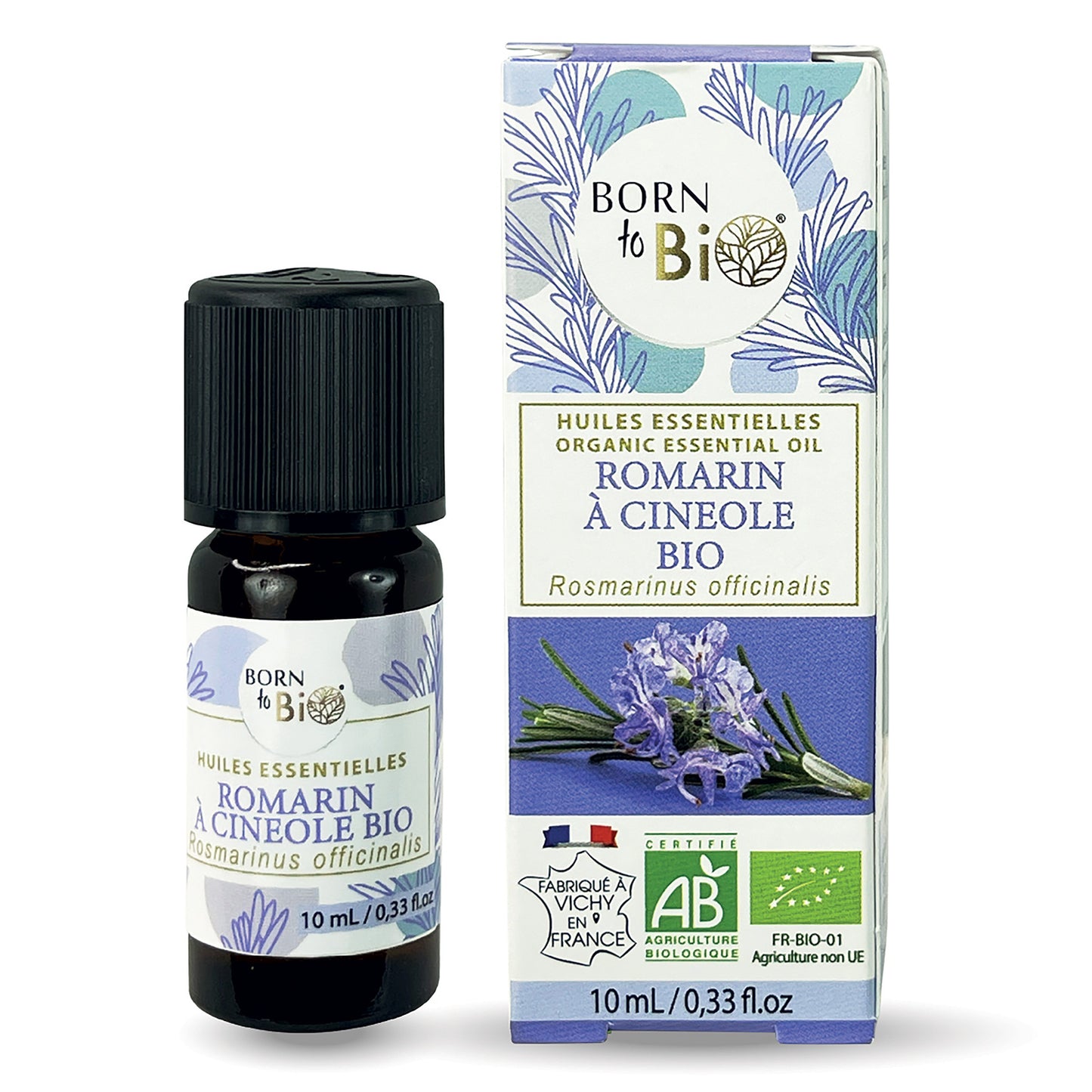 Huile essentielle de Romarin à cinéole bio, à l’arôme frais et camphré, obtenue par distillation à la vapeur des sommités fleuries. 