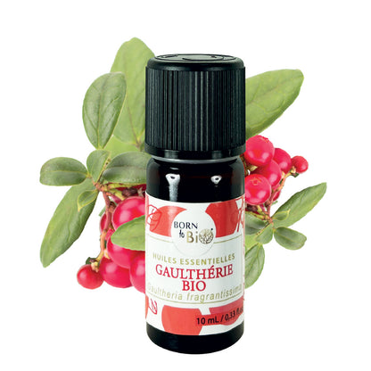 Flacon d'huile essentielle de gaulthérie bio de Born To Bio, reconnue pour ses propriétés apaisantes et anti-inflammatoires, idéale pour les soins musculaires.