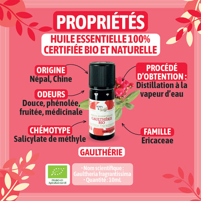Huile essentielle de Gaulthérie bio, au parfum puissant et légèrement médicinal, obtenue par distillation à la vapeur des feuilles, pour une senteur intense et caractéristique.