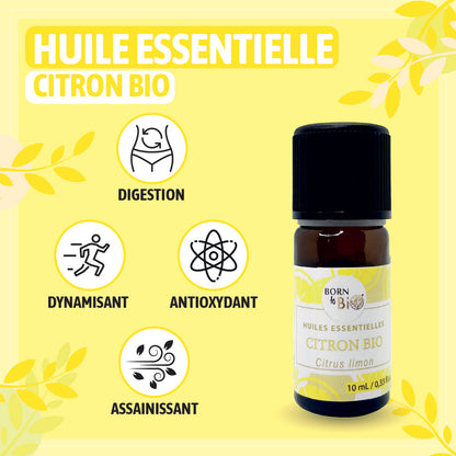 Huile essentielle de Citron bio, au parfum frais et zesté, obtenue par pression à froid des zestes.