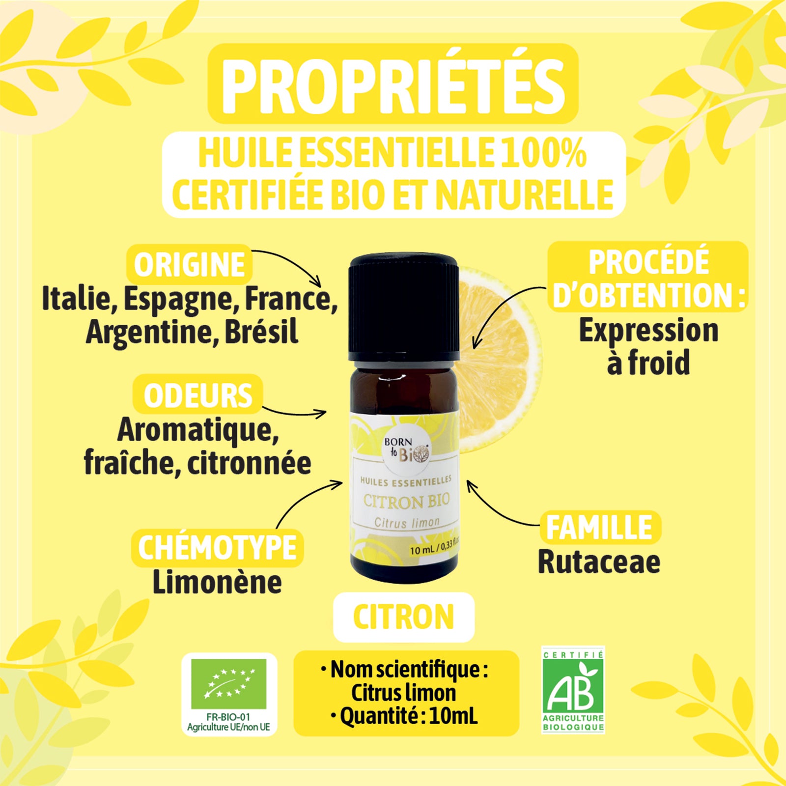 Huile essentielle de Citron bio, au parfum frais et zesté, obtenue par pression à froid des zestes.