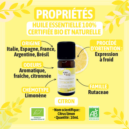 Huile essentielle de Citron bio, au parfum frais et zesté, obtenue par pression à froid des zestes.