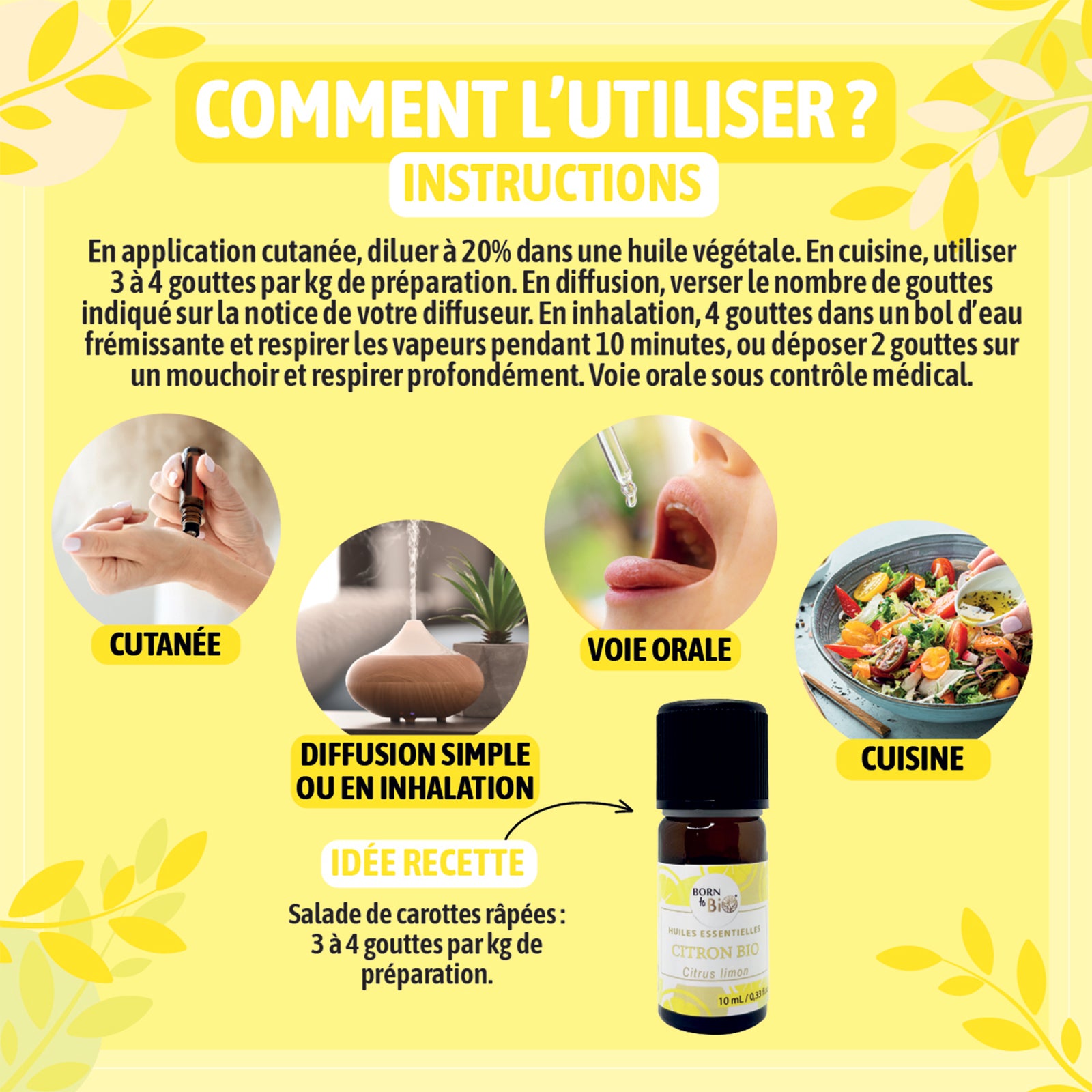 Huile essentielle de Citron bio, au parfum frais et zesté, obtenue par pression à froid des zestes.