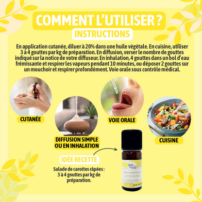 Huile essentielle de Citron bio, au parfum frais et zesté, obtenue par pression à froid des zestes.