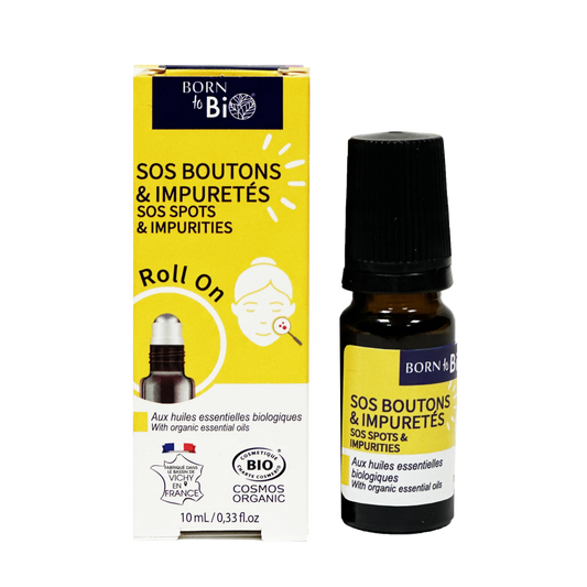 ARORO0002 - roll-on Born to Bio SOS Boutons et Impuretés présenté avec sa boîte jaune - flacon 10 ml - soin bio purifiant à base d'huiles essentielles - certifié COSMOS Organic - fabrication française à Vichy