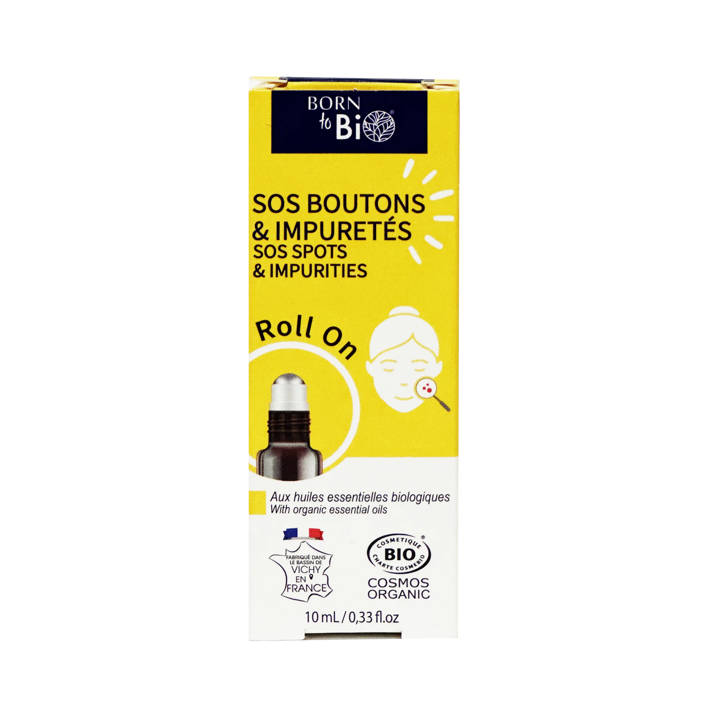 ARORO0002 - boîte du roll-on Born to Bio SOS Boutons et Impuretés - packaging jaune avec illustration visage - produit certifié COSMOS Organic - fabrication française