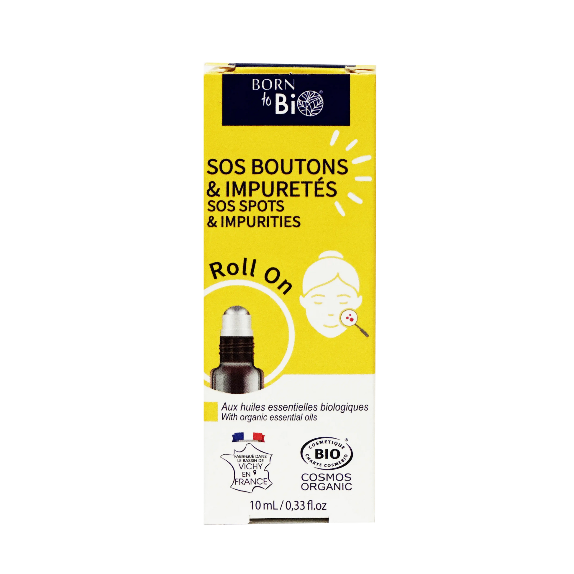 ARORO0002 - boîte du roll-on Born to Bio SOS Boutons et Impuretés - packaging jaune avec illustration visage - produit certifié COSMOS Organic - fabrication française