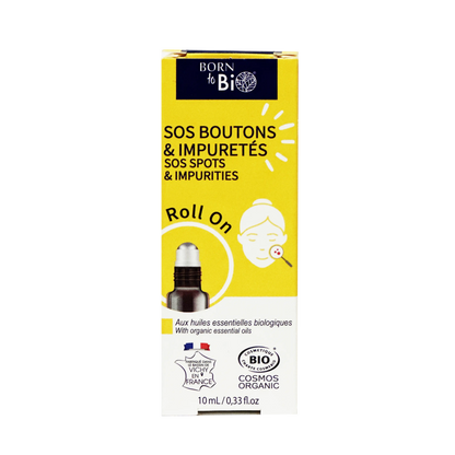 ARORO0002 - boîte du roll-on Born to Bio SOS Boutons et Impuretés - packaging jaune avec illustration visage - produit certifié COSMOS Organic - fabrication française