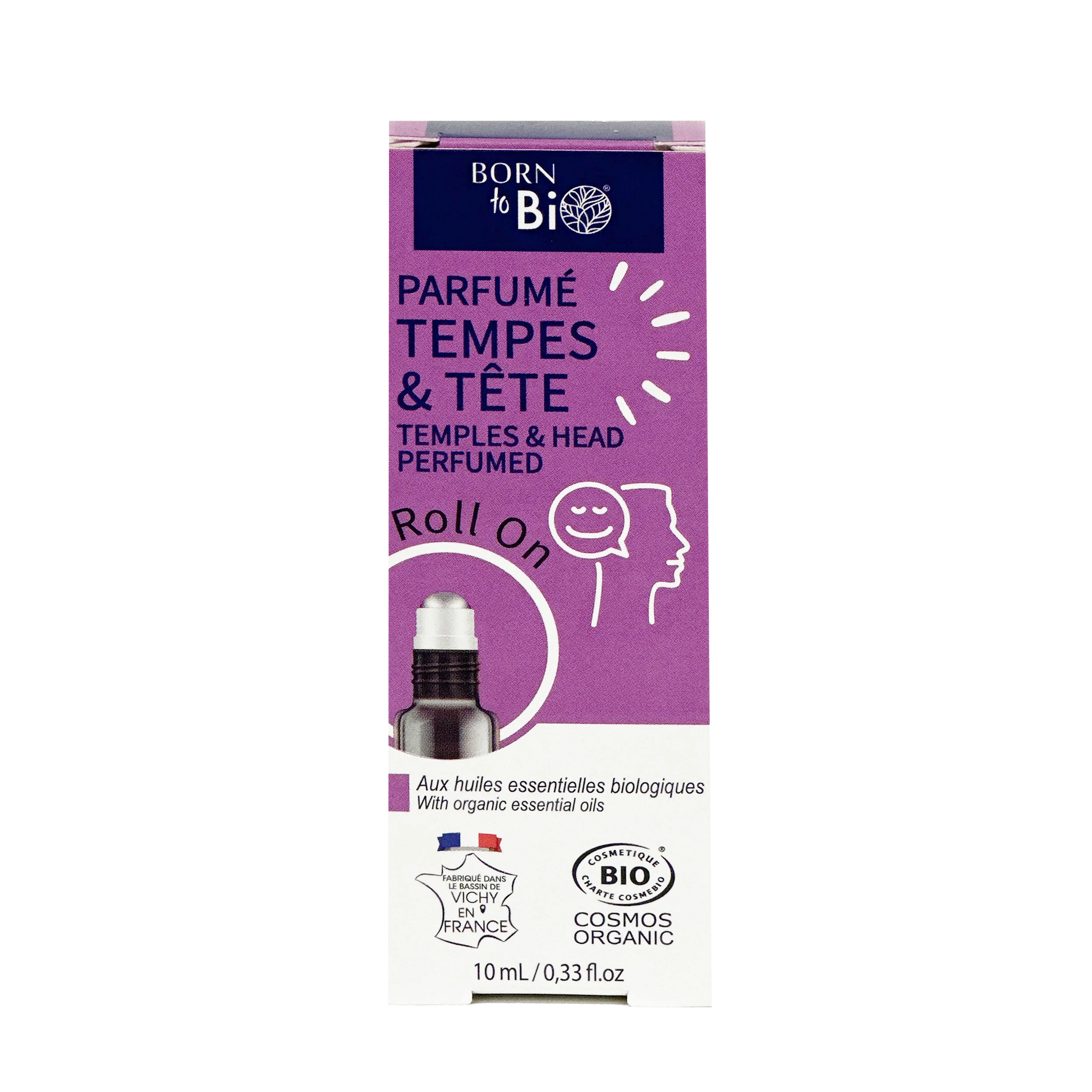 ARORO0003 - boîte violette du roll-on Born to Bio Tempes et Tête - cosmétique bio relaxant - huiles essentielles - label COSMOS Organic - made in France