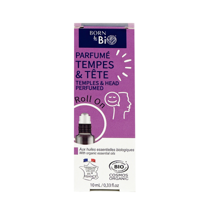 ARORO0003 - boîte violette du roll-on Born to Bio Tempes et Tête - cosmétique bio relaxant - huiles essentielles - label COSMOS Organic - made in France