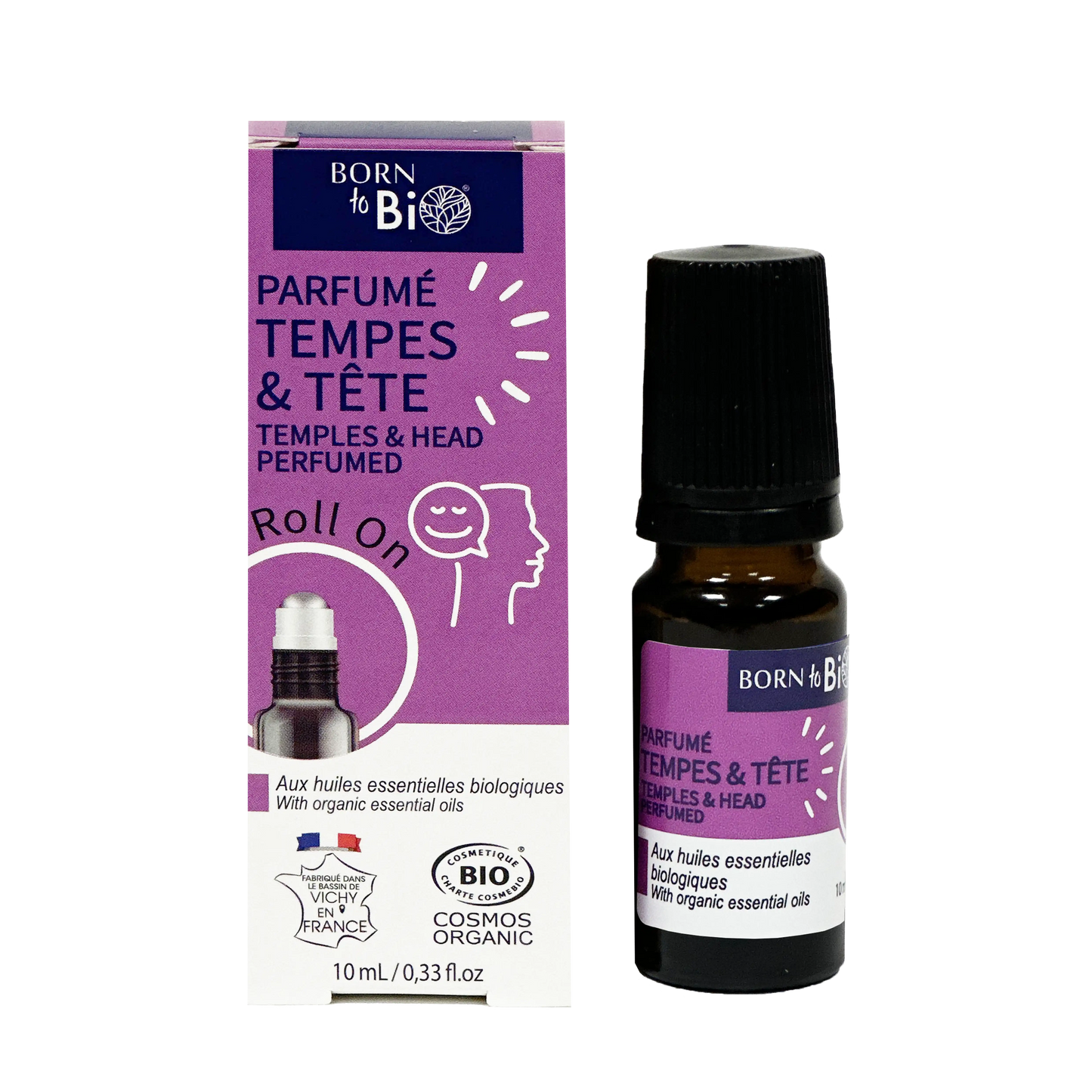 ARORO0003 - roll-on Born to Bio Parfumé Tempes et Tête avec sa boîte violette - flacon 10 ml - soin bio relaxant pour les tempes - certifié COSMOS Organic - fabrication française à Vichy