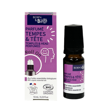 ARORO0003 - roll-on Born to Bio Parfumé Tempes et Tête avec sa boîte violette - flacon 10 ml - soin bio relaxant pour les tempes - certifié COSMOS Organic - fabrication française à Vichy