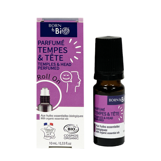 ARORO0003 - roll-on Born to Bio Parfumé Tempes et Tête avec sa boîte violette - flacon 10 ml - soin bio relaxant pour les tempes - certifié COSMOS Organic - fabrication française à Vichy