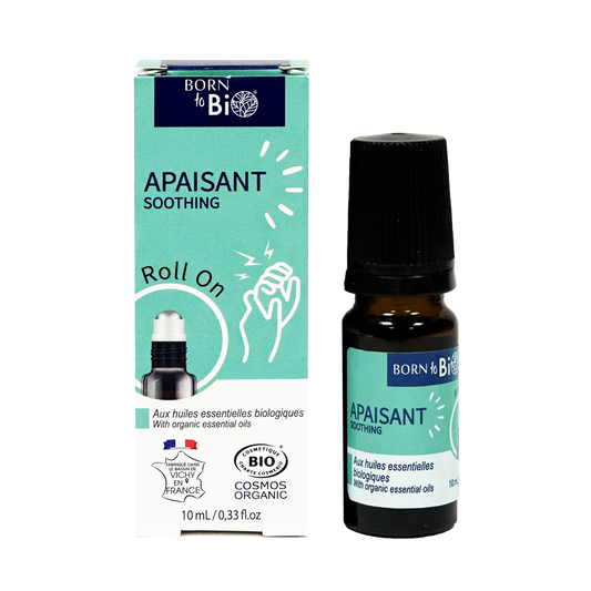 ARORO0004 - roll-on Born to Bio Apaisant avec sa boîte turquoise - flacon 10 ml - soin bio calmant aux huiles essentielles - certifié COSMOS Organic - fabrication française