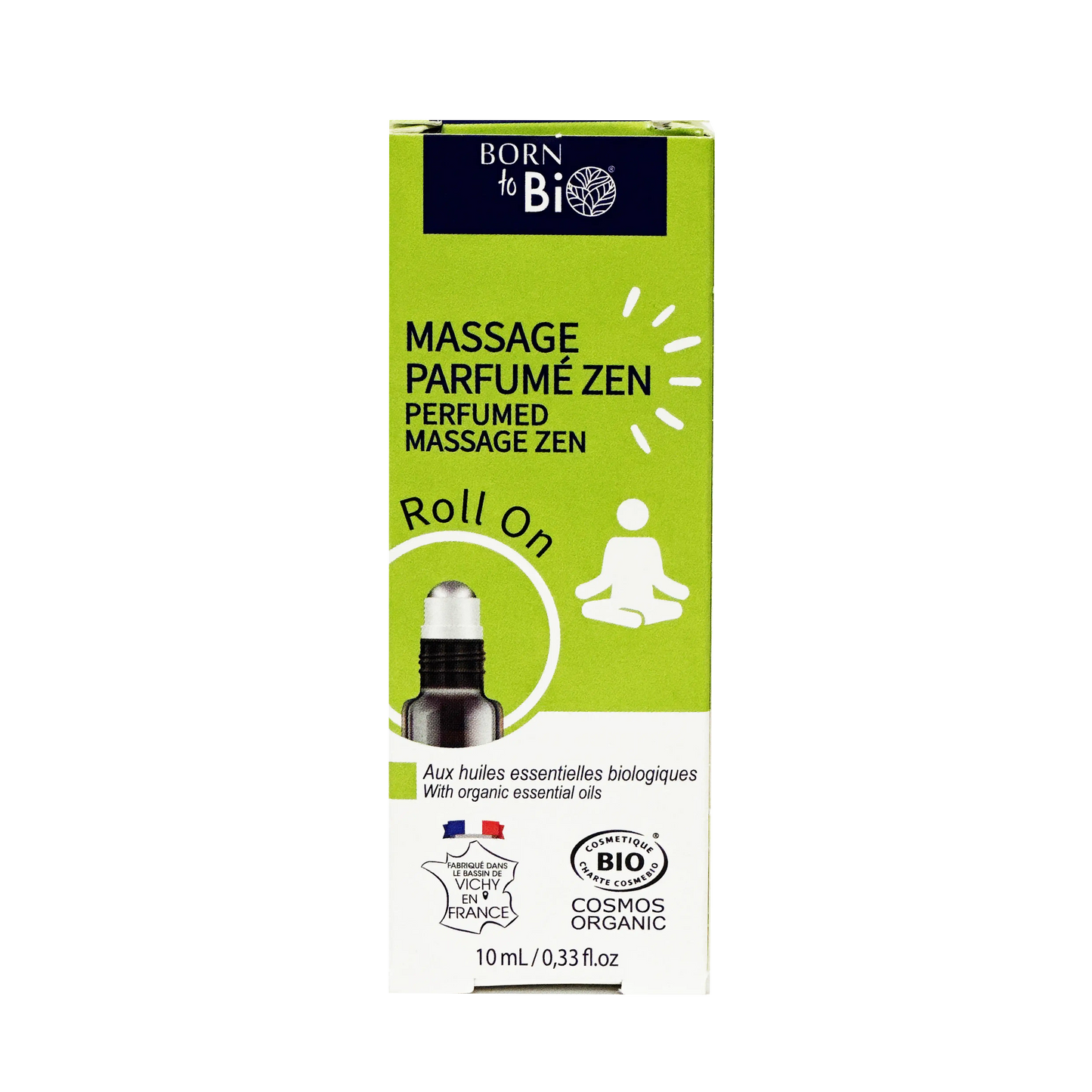 ARORO0005 - boîte verte du roll-on Born to Bio Massage Zen - cosmétique bio relaxant - huiles essentielles - certification COSMOS Organic - fabrication française