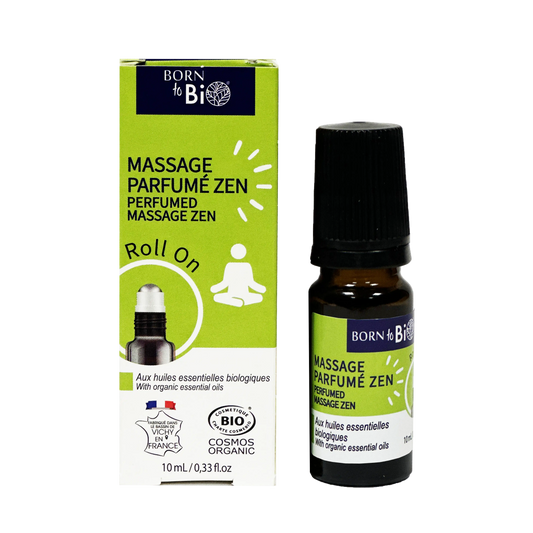 ARORO0005 - roll-on Born to Bio Massage Parfumé Zen avec sa boîte verte - flacon 10 ml - soin relaxant bio à base d'huiles essentielles - certifié COSMOS Organic - fabriqué à Vichy