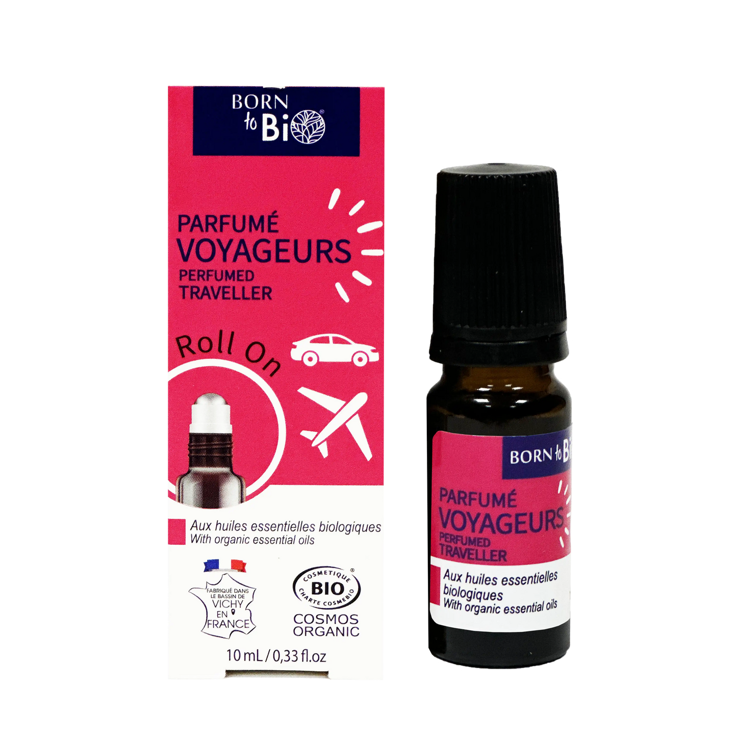 ARORO0006 - roll-on Born to Bio Parfumé Voyageurs avec sa boîte rouge - flacon 10 ml - soin bio vivifiant aux huiles essentielles - certifié COSMOS Organic - production française à Vichy