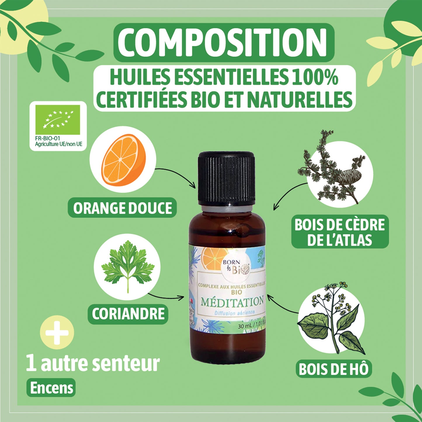 Ce complexe d'huiles essentielles bio est idéal pour diffuser une ambiance méditative, aidant à se recentrer et à apaiser l’esprit.