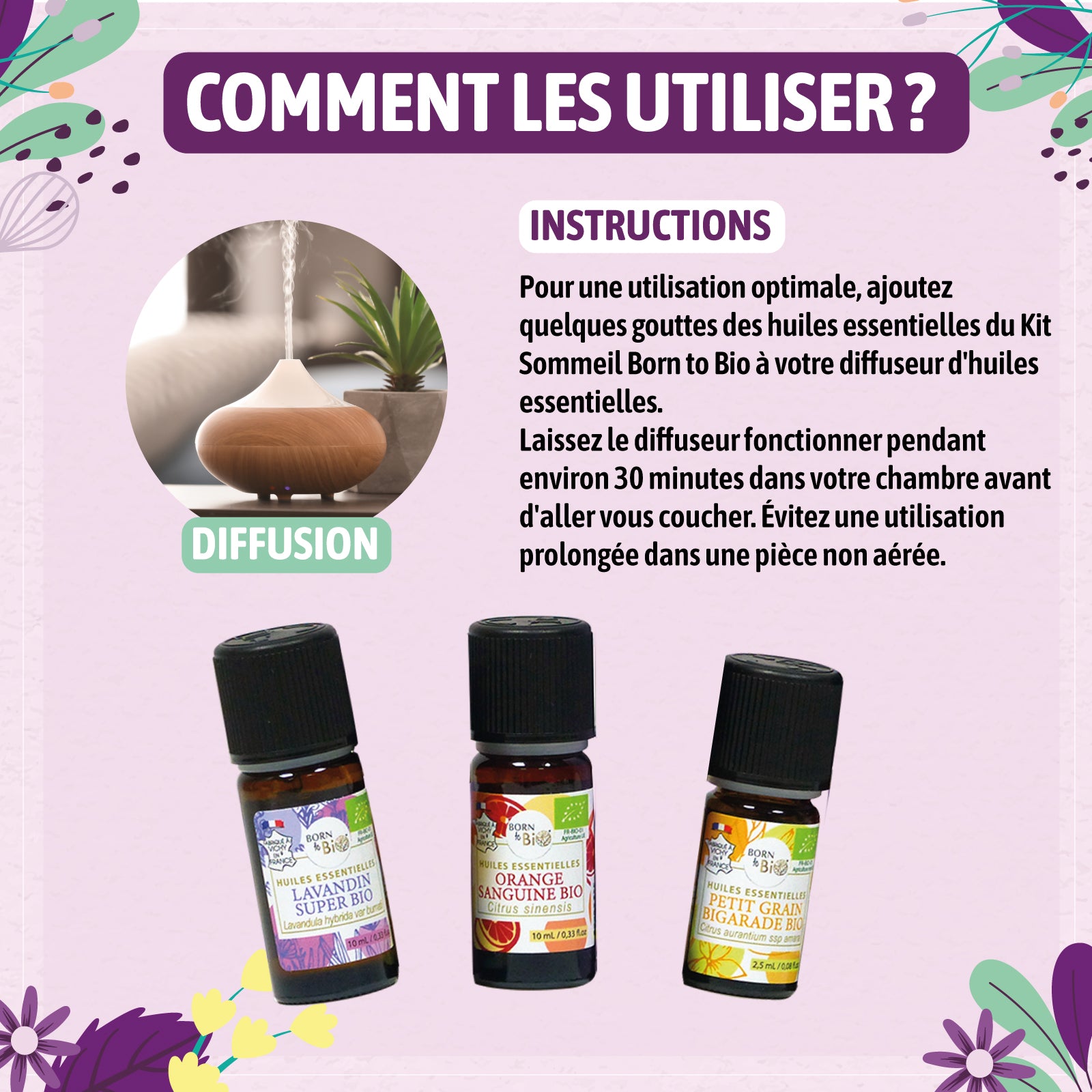 Ce coffret bio, avec Lavandin Super, Petit Grain Bigarade et Orange Sanguine, aide à diffuser une ambiance douce et relaxante, idéale pour déconnecter et s’endormir en douceur.