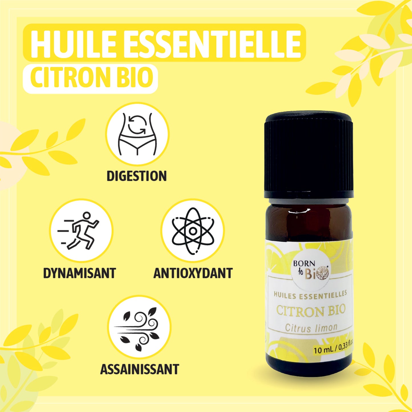 Illustration des nombreux bienfaits de l'huile essentielle de citron bio, utilisée pour son effet purifiant et tonifiant sur le corps et l'esprit.