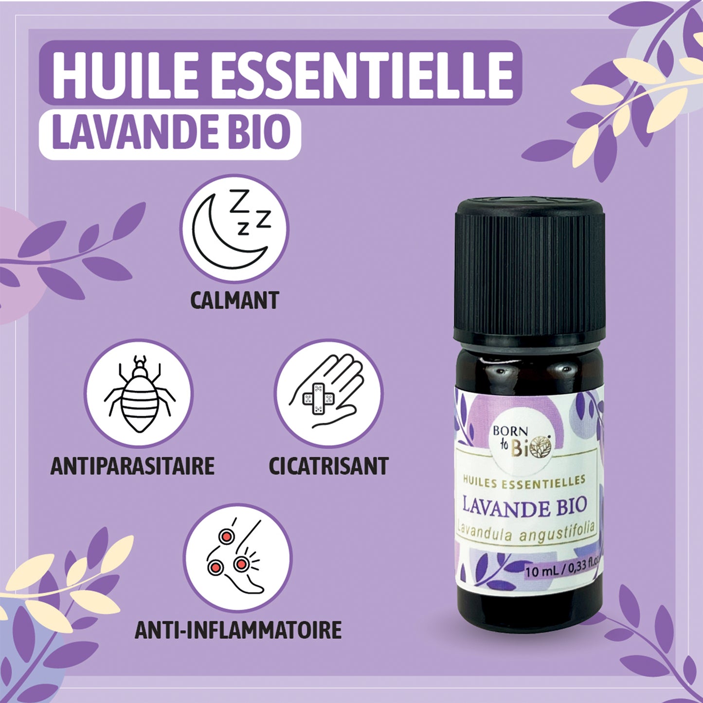 Illustration des bienfaits de l'huile essentielle de lavande bio, utilisée pour réduire le stress et l'anxiété, tout en favorisant la détente.