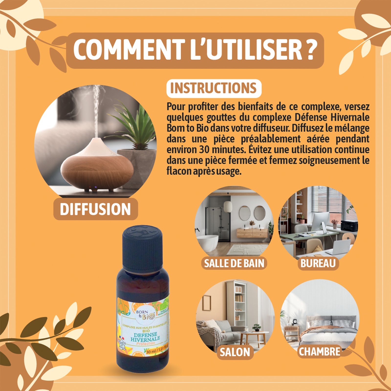 Complexe bio d’huiles essentielles pour soutenir l’immunité et diffuser une fraîcheur purifiante, idéal pour l’hiver.