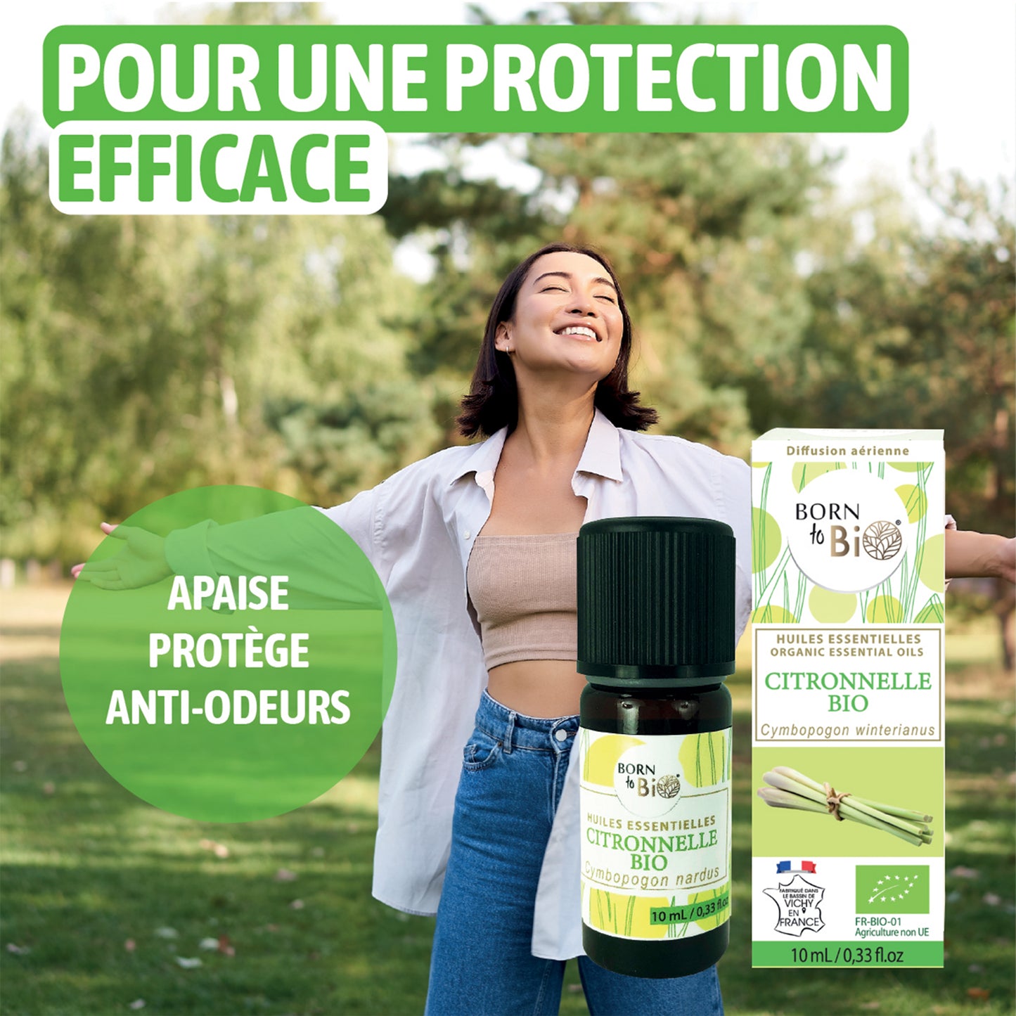 Image d'un flacon d'huile essentielle de citronnelle bio de Born To Bio, utilisée pour fabriquer des sprays naturels et des produits d'entretien.