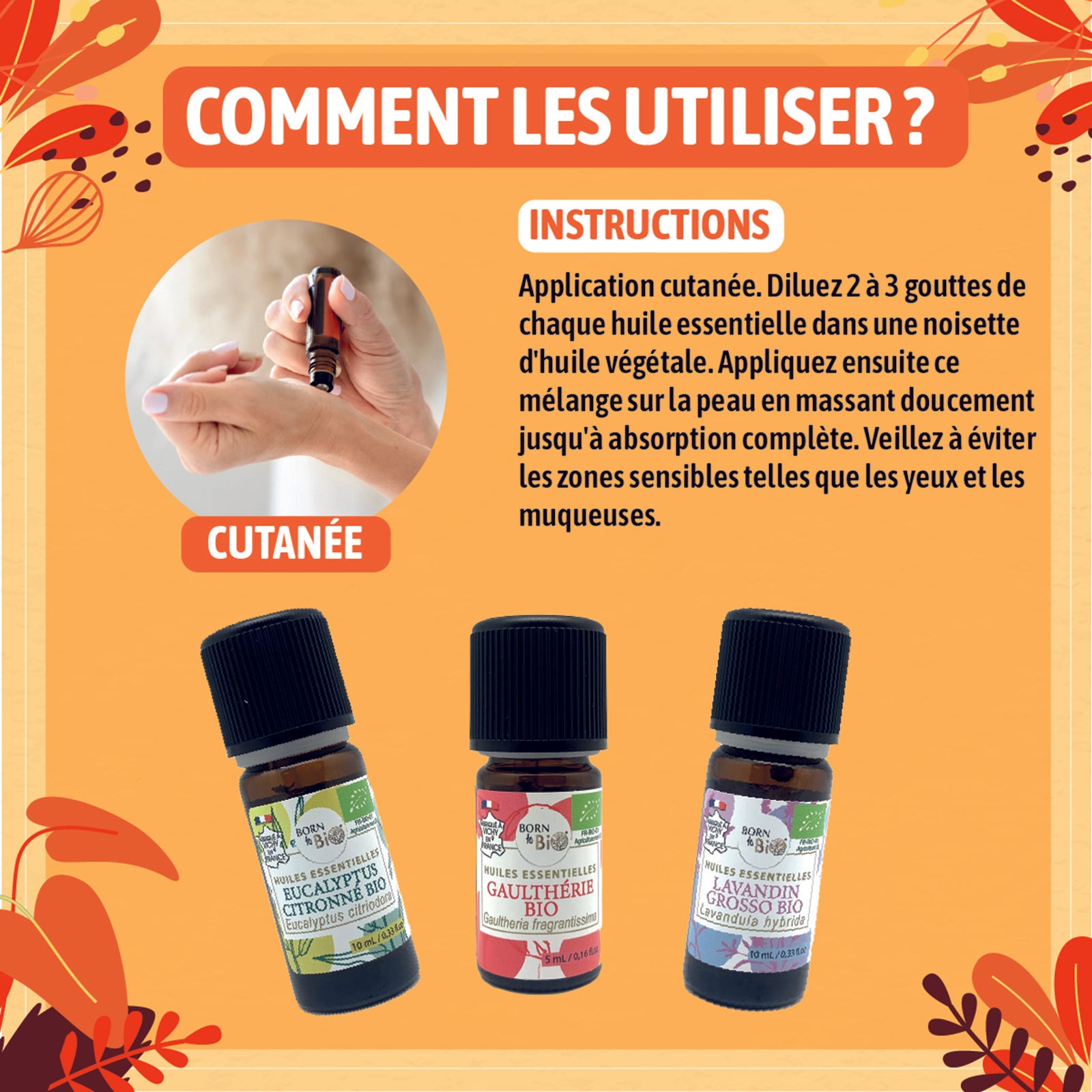 Un trio d’huiles essentielles bio pour les amateurs de sport, combinant Lavandin Grosso, Eucalyptus Citronné et Gaulthérie pour une relaxation et un soutien musculaire après l’effort.