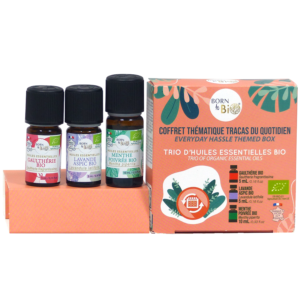 Ce coffret d’huiles essentielles bio, avec Menthe Poivrée, Lavande Aspic, et Gaulthérie, aide à soulager les tensions et petits tracas du quotidien pour un bien-être naturel.