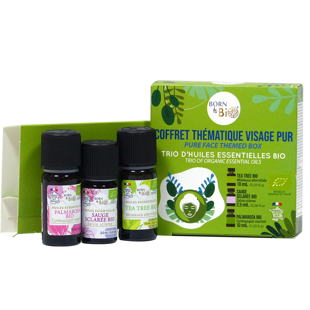 Un coffret d’huiles essentielles bio pour un visage pur et éclatant, avec Palmarosa, Tea Tree et Sauge Sclarée, qui purifient et rééquilibrent la peau naturellement.