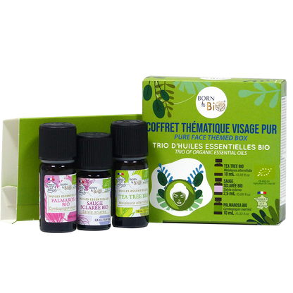 Un coffret d’huiles essentielles bio pour un visage pur et éclatant, avec Palmarosa, Tea Tree et Sauge Sclarée, qui purifient et rééquilibrent la peau naturellement.