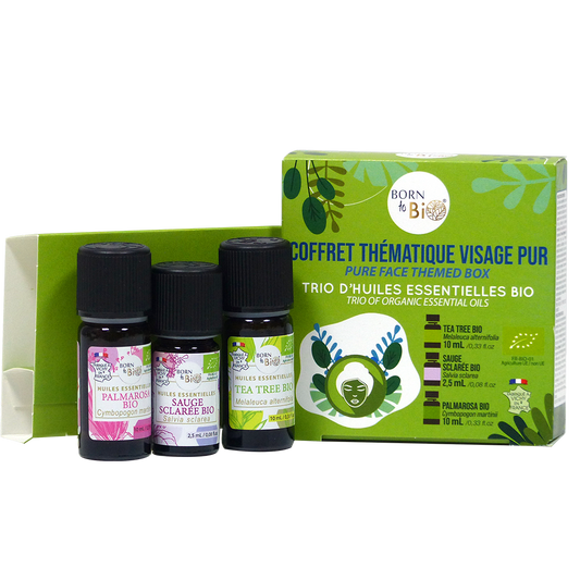 Un coffret d’huiles essentielles bio pour un visage pur et éclatant, avec Palmarosa, Tea Tree et Sauge Sclarée, qui purifient et rééquilibrent la peau naturellement.