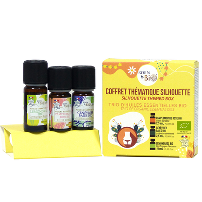 Ce coffret aux huiles essentielles bio associe Genévrier, Lemongrass et Pamplemousse Rose pour aider à raffermir et purifier, idéal pour une silhouette revitalisée.