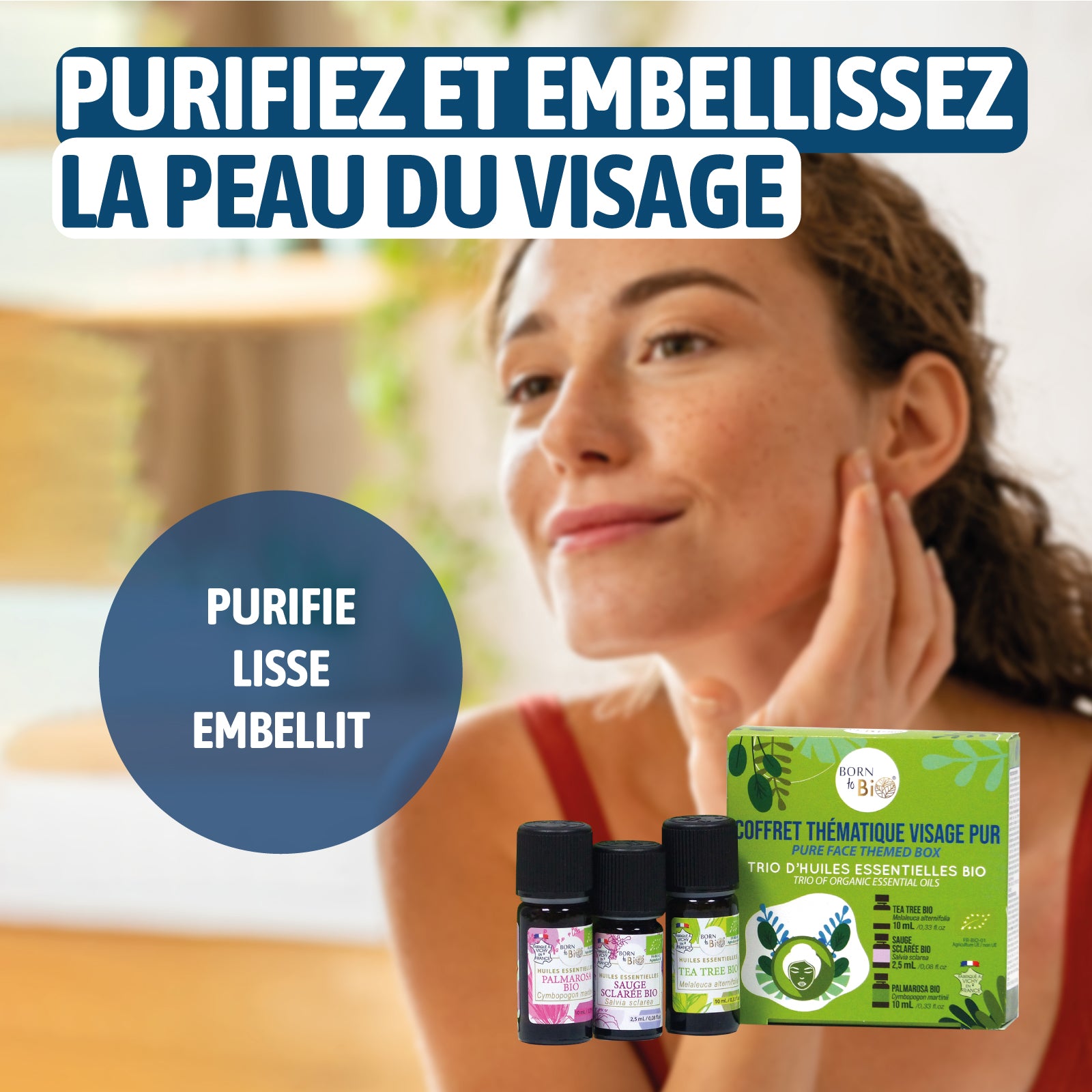 Ce coffret d’huiles essentielles bio avec Palmarosa, Tea Tree et Sauge Sclarée est conçu pour réguler et purifier la peau, en offrant un teint plus net et équilibré.