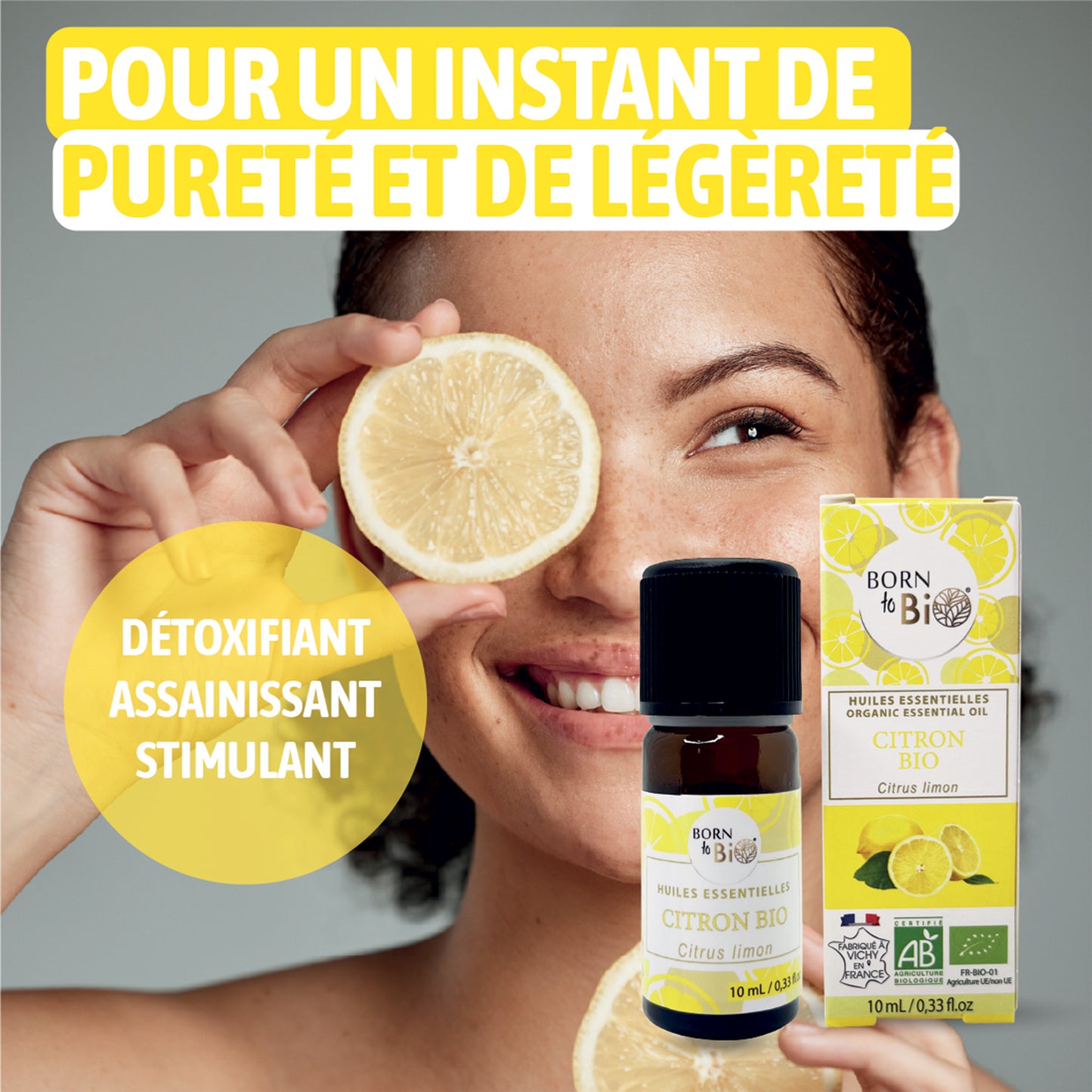 Image d'un diffuseur d'huiles essentielles avec de l'huile de citron bio, créant une atmosphère fraîche et revitalisante dans un intérieur.