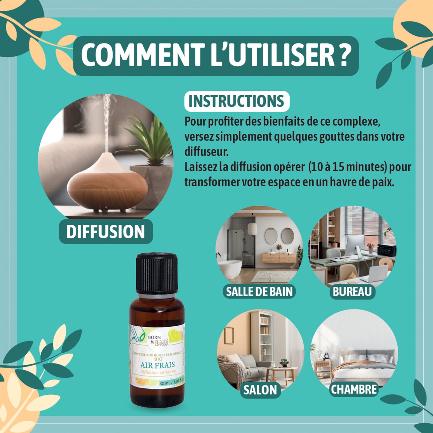 Complexe d’huiles essentielles bio conçu pour purifier l’air et diffuser une fraîcheur aérienne, idéale pour un environnement sain.