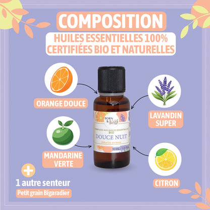 Un complexe bio pour diffusion, aux huiles essentielles qui favorisent un sommeil paisible et un environnement calme toute la nuit.