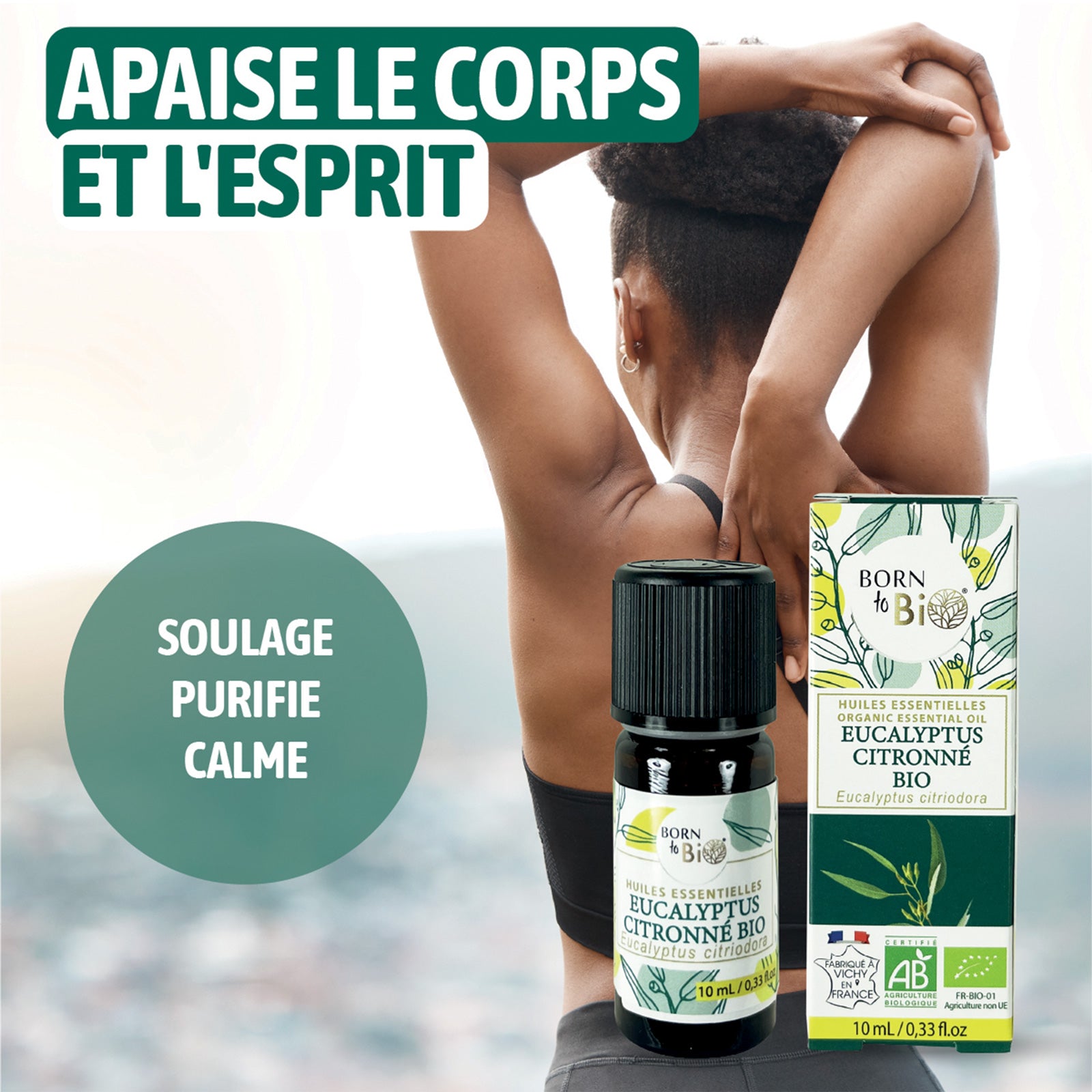 Image d'un flacon d'huile essentielle d'eucalyptus citronné bio de Born To Bio, utilisée dans des préparations de sprays naturels et de produits d'entretien.