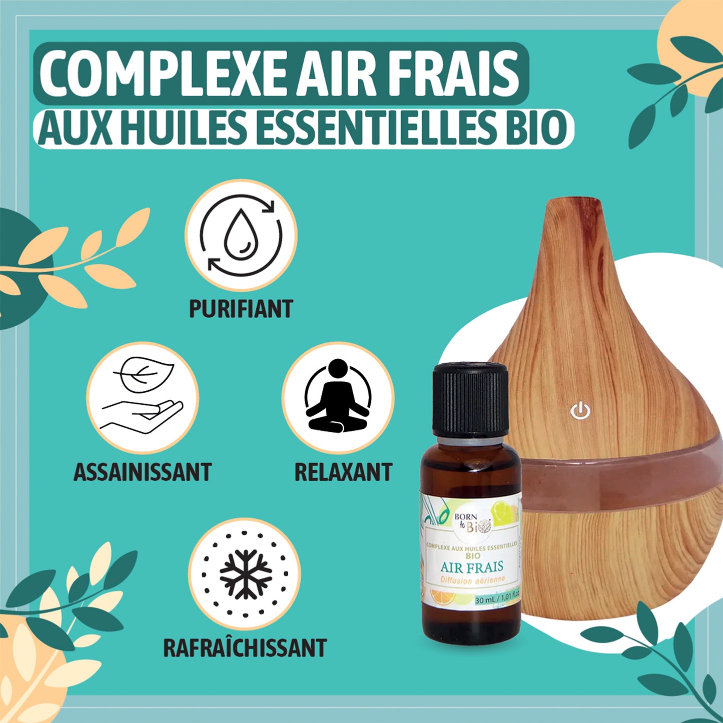 Complexe d’huiles essentielles bio, spécialement conçu pour assainir l'air et diffuser une fraîcheur agréable dans chaque pièce.