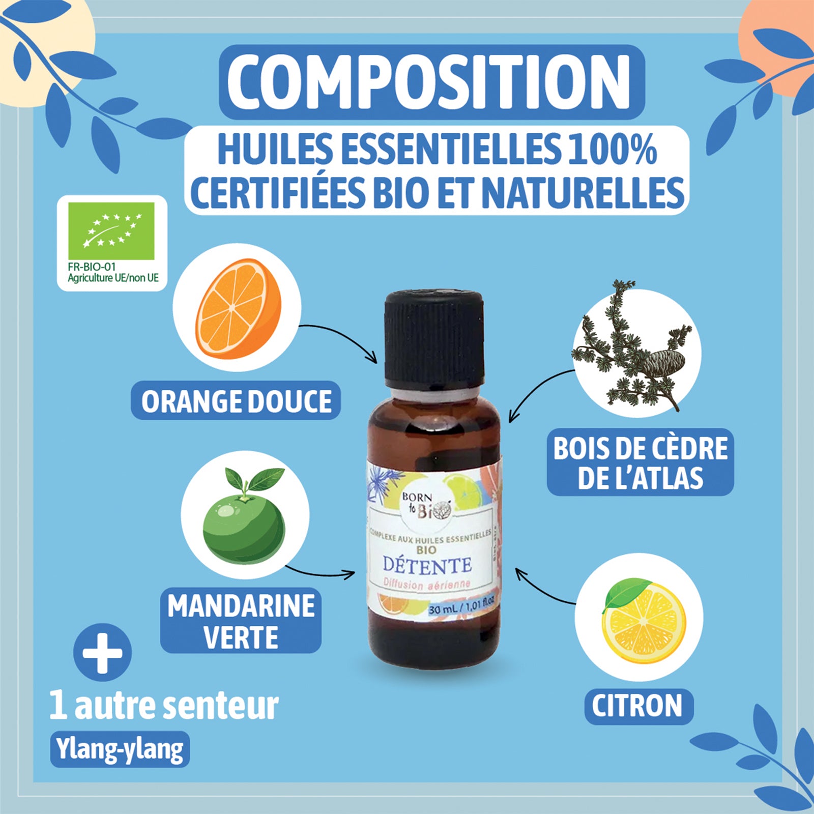 Un complexe d'huiles essentielles bio à diffuser pour créer une atmosphère de relaxation, propice à l’apaisement et au lâcher-prise.