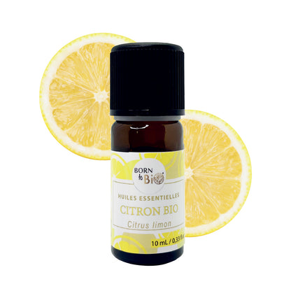 Flacon d'huile essentielle de citron bio de Born To Bio, reconnue pour ses propriétés revitalisantes et énergisantes, idéale pour l'aromathérapie.