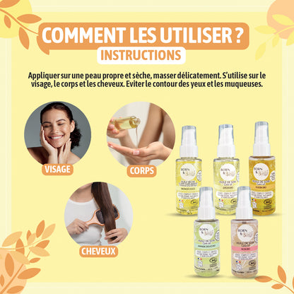 L'Huile de Soin Bio Multi-Usages de Born to Bio est un soin complet qui nourrit efficacement la peau et les cheveux. Sa texture légère et non grasse permet une absorption instantanée, apportant douceur et éclat sans laisser de résidu. Un soin bio pratique et naturel pour toute la famille.