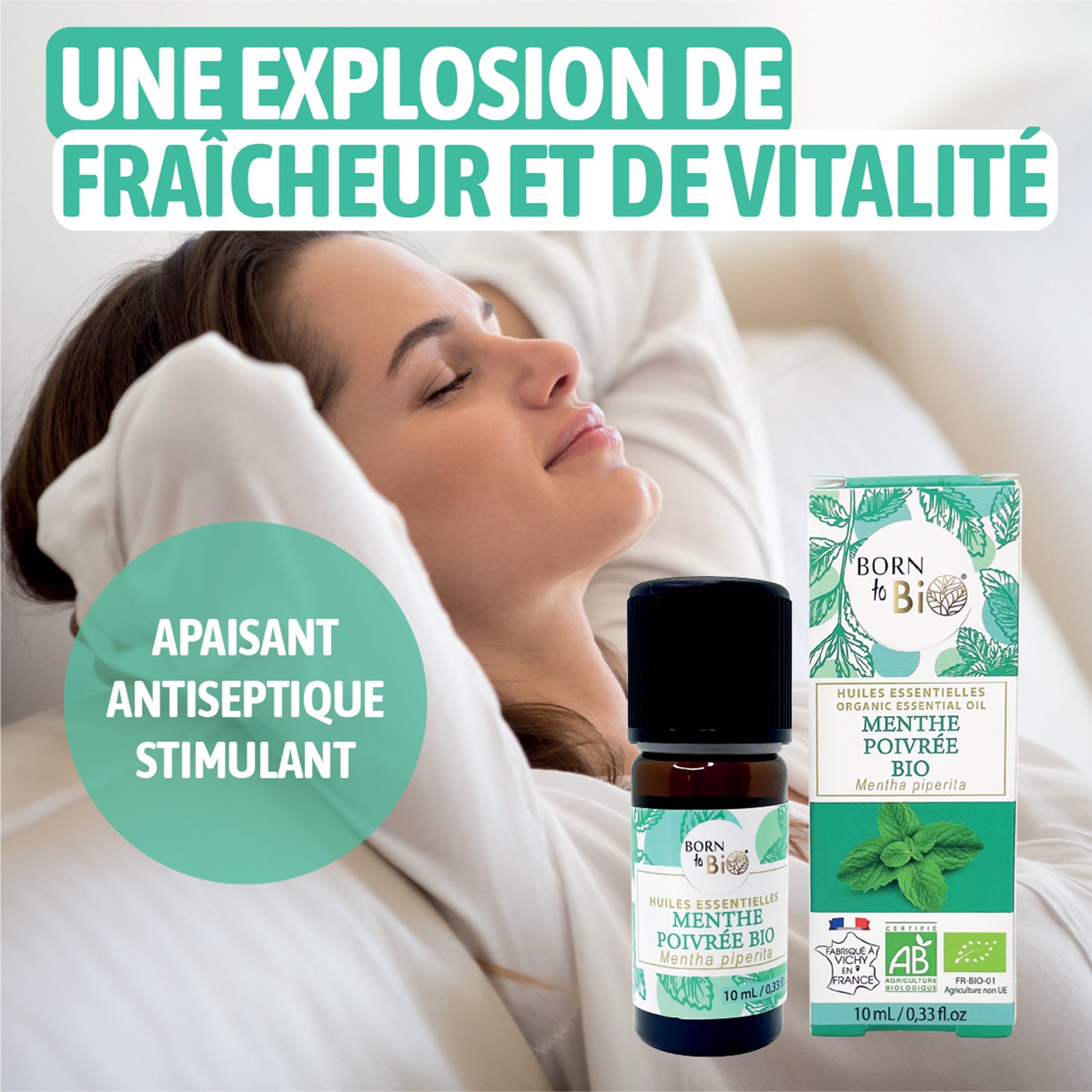 Huile essentielle de menthe poivrée adaptée pour diffuseur d'aromathérapie, apportant une sensation de fraîcheur et de clarté mentale tout au long de la journée.