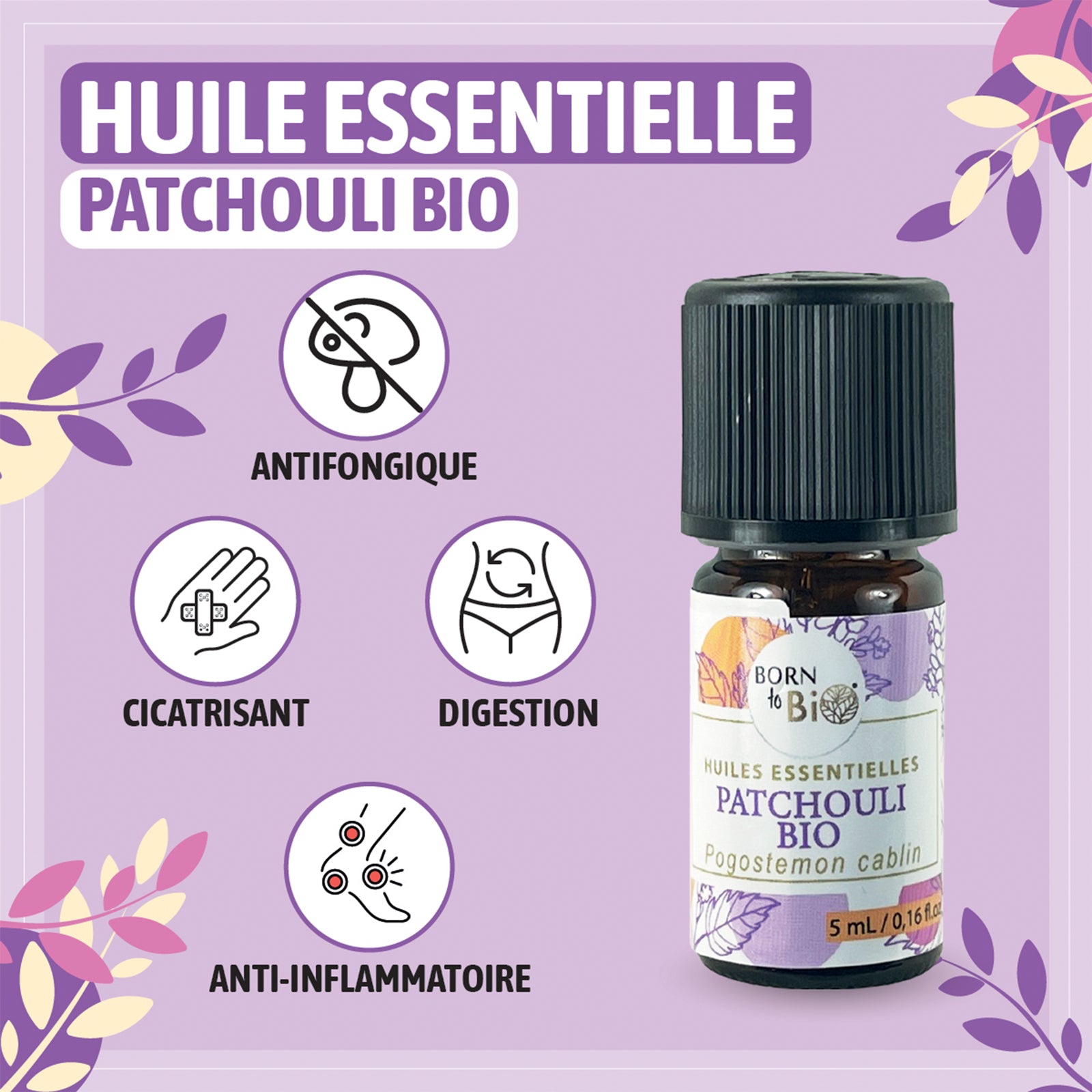 Découvrez l'huile essentielle de patchouli bio en format 10ml, parfaite pour apaiser les tensions, stimuler la circulation et améliorer l'apparence de la peau grâce à ses propriétés réparatrices.